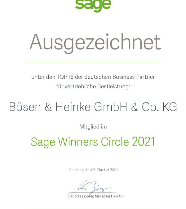 Sage Winners Circle 2021: Ehrung für Bösen & Heinke GmbH & Co. KG